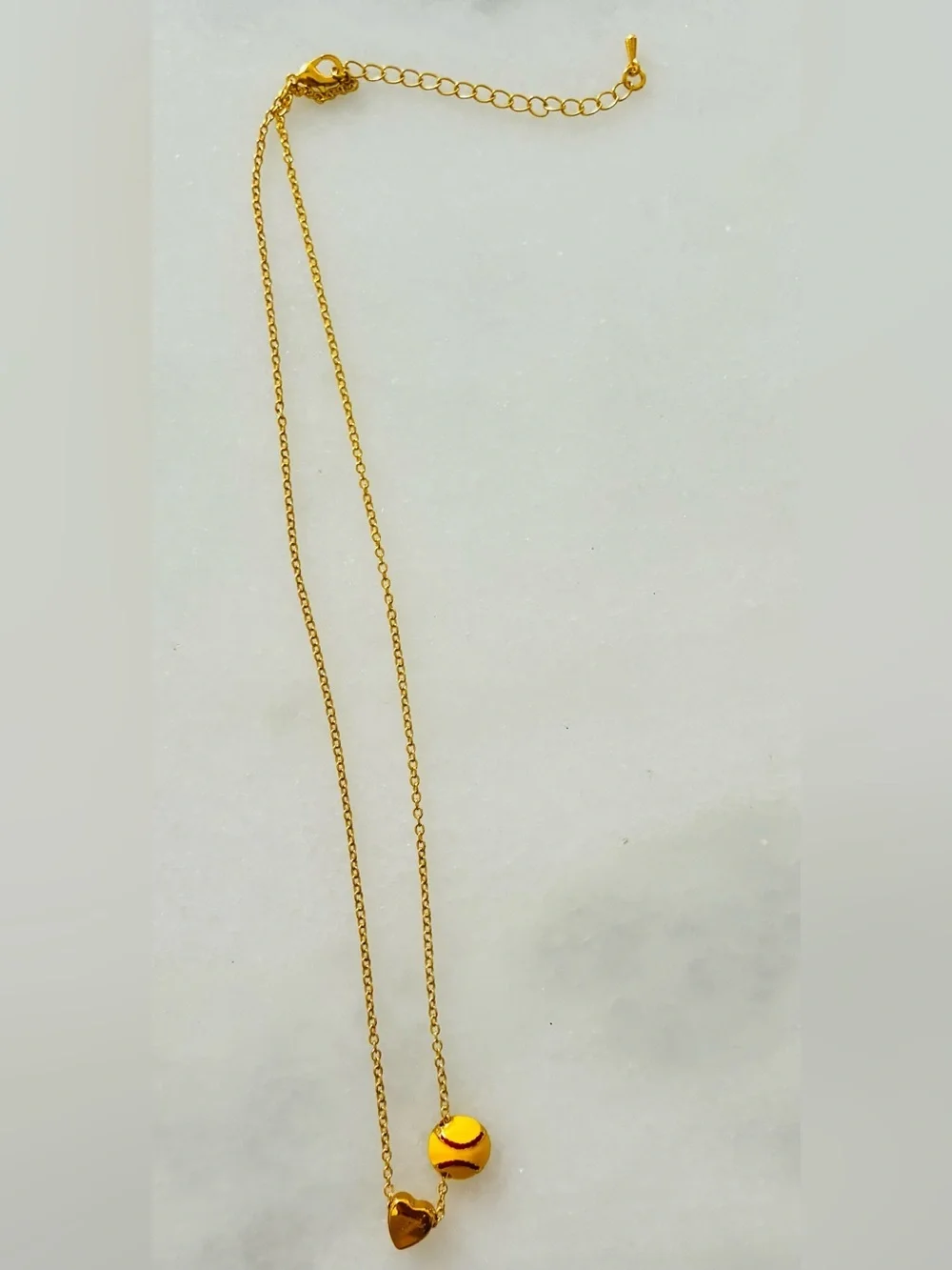 Gold Heart & Softball Dangle Necklace - Yellow sporty